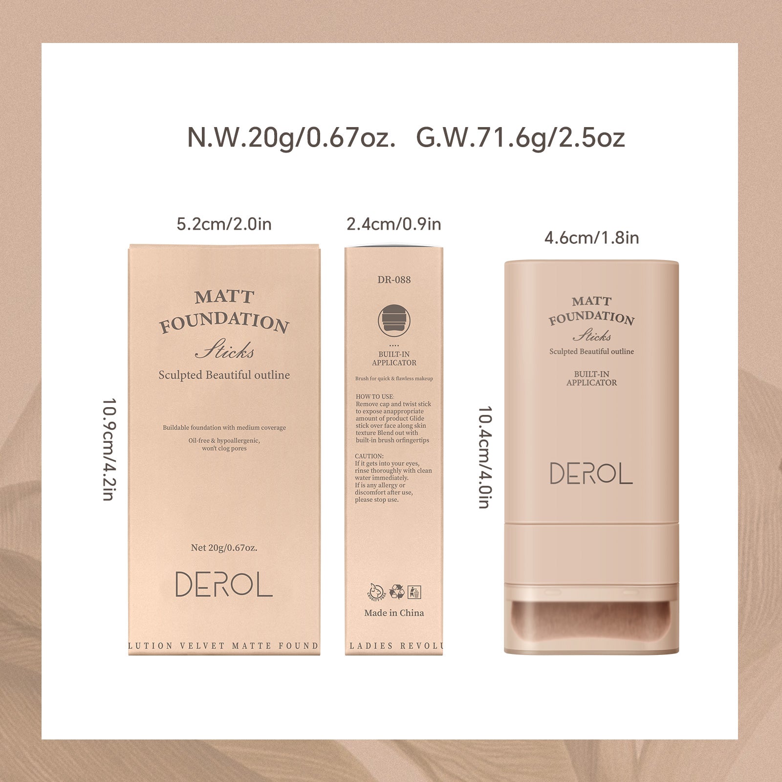 Derol All New Velvet Matte Foundation Stick with Built-In Foundation Brush 20g