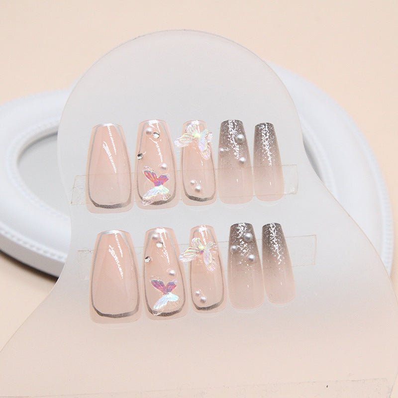 Press on Nails, Pearl Butterfly Wearable Nail Art with Long and Wide Ballet Nails, French-style False Nails, Jewelry-embellished Nails