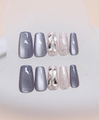 Mix crystal & blue cat eye fake nails, Press on Nail