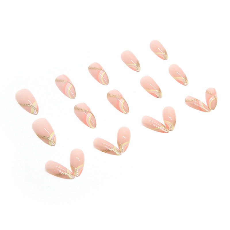 Press on Nails, Apricot-shaped warm color gold powder striped nail