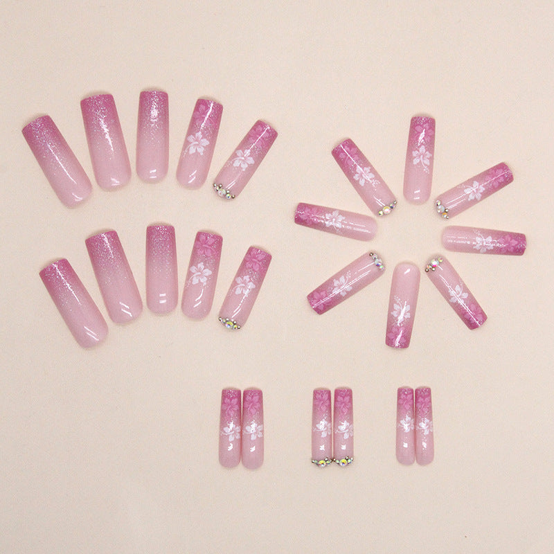 Press on Nails, Explosive pink gradient cherry blossom nail art long nail with European sweet style and ins-inspired diamond 24pcs