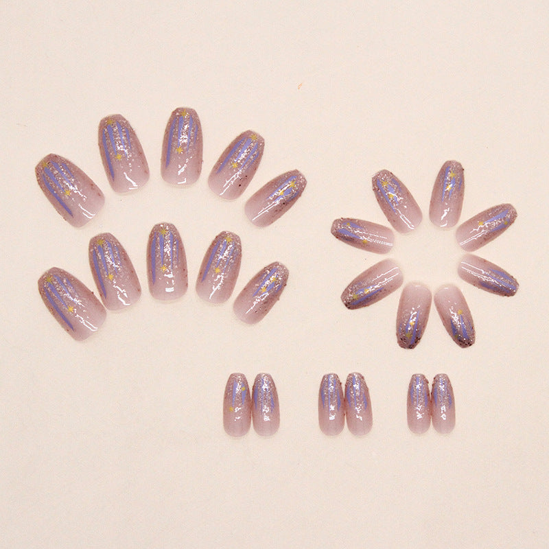 Press on Nail, Short ballet sparkle pink flashing sequin Aurora meteorite imitation fingernail burst berry star wear nails