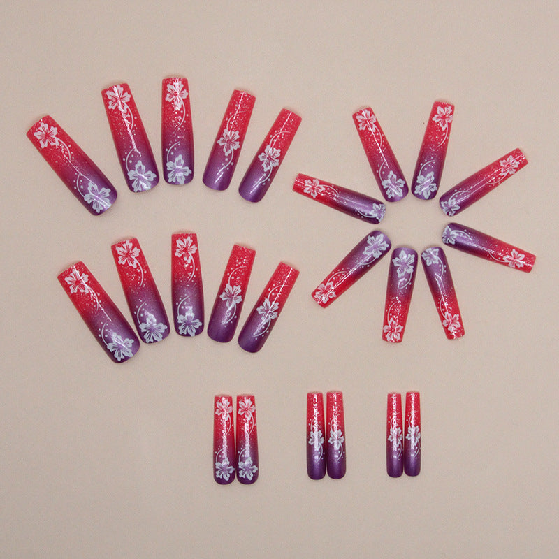 Press on Nails, Powder purple bursting cherry blossom gradient nail art long tube nail style slim and whitening ins style