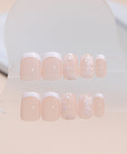 Press on Nails, Simple and minimalist short with pure and alluring appeal, cute and sweet white flower nail art, and cute nail art appliance set