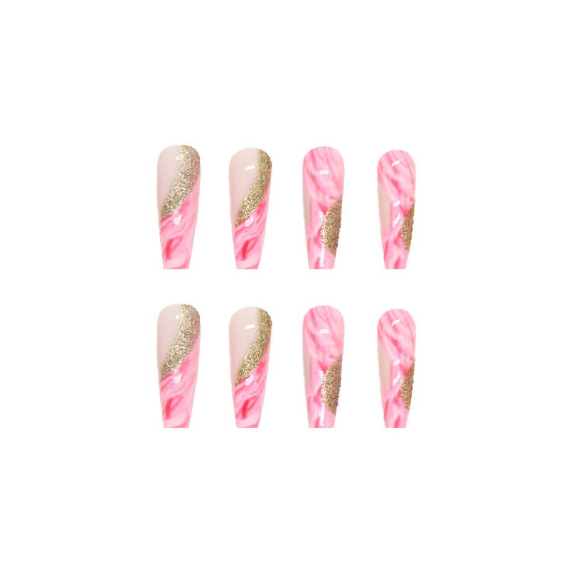 Press on Nails, Long-length ballerina glitter mixed-color splicing flashing gold powder fake nails