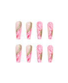 Press on Nails, Long-length ballerina glitter mixed-color splicing flashing gold powder fake nails