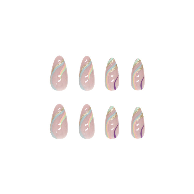 Press on Nails, Multi-color wavy shimmering gold powder ins style false nails