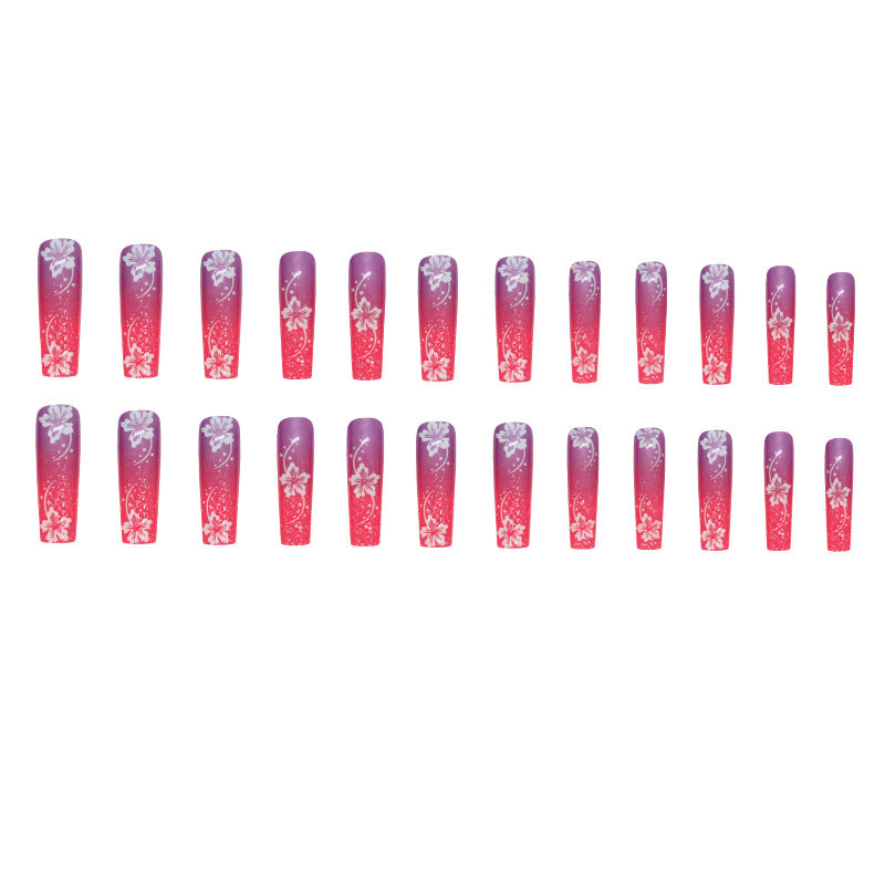 Press on Nails, Powder purple bursting cherry blossom gradient nail art long tube nail style slim and whitening ins style