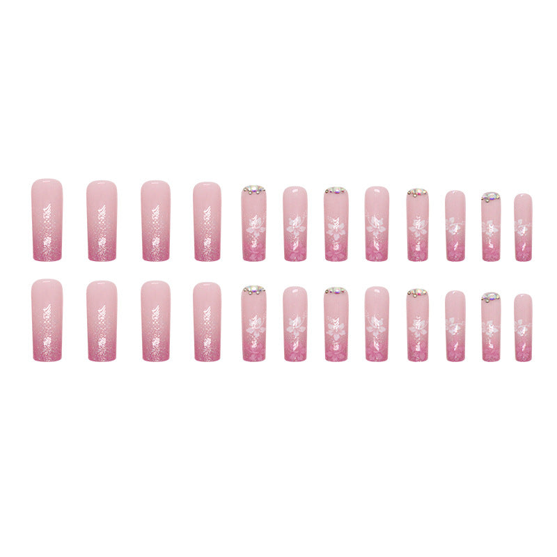 Press on Nails, Explosive pink gradient cherry blossom nail art long nail with European sweet style and ins-inspired diamond 24pcs