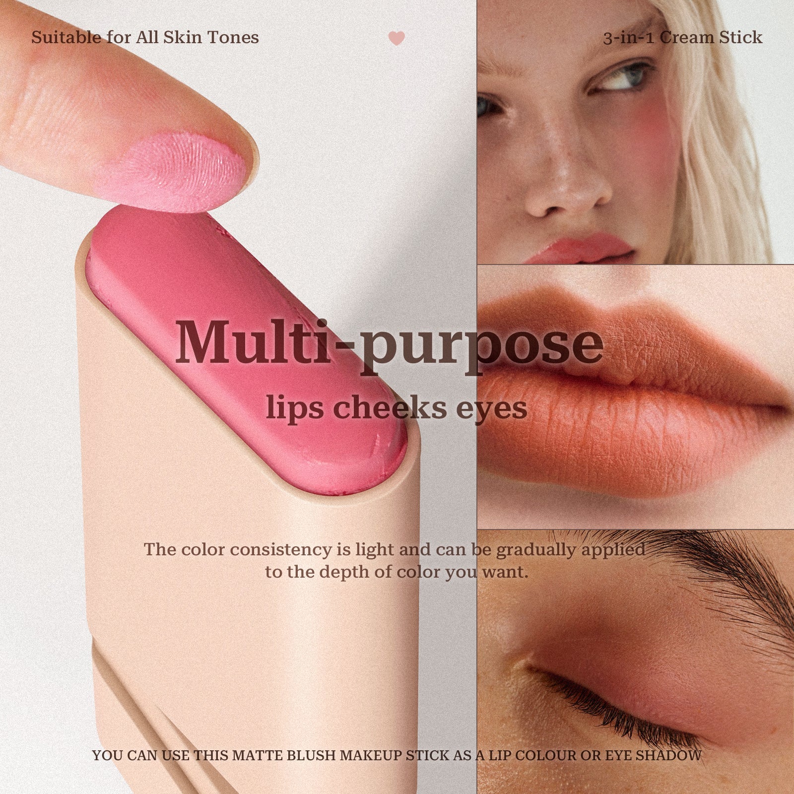 Derol Whispering Softly Hydrating Solid Cheek Tint, Multi-use Blush Makeup Stick Glow Blush Stick 30g