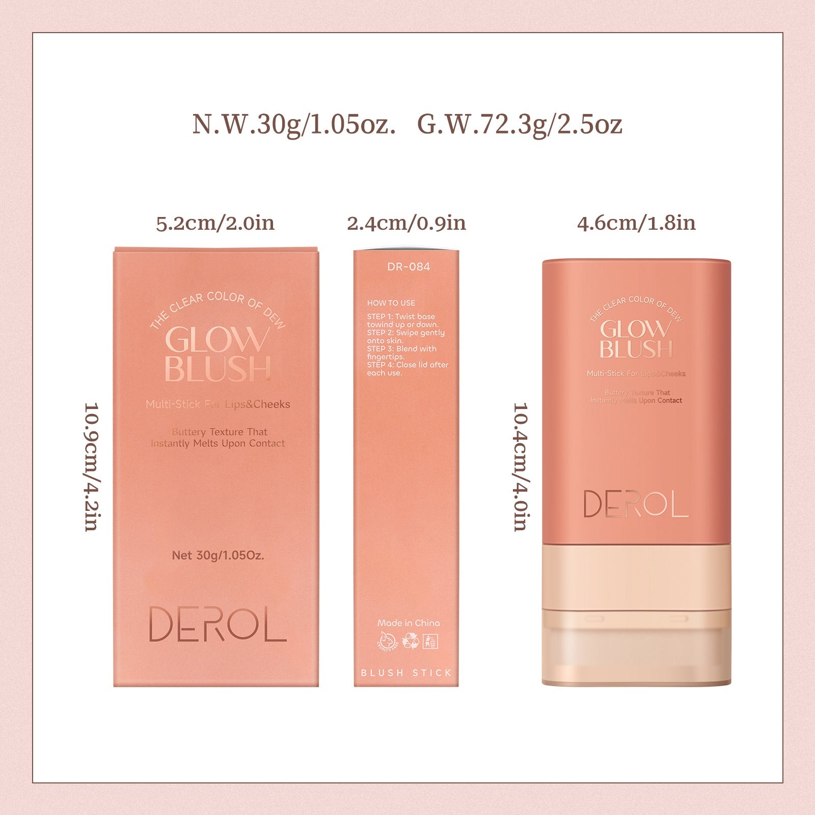 Derol Whispering Softly Hydrating Solid Cheek Tint, Multi-use Blush Makeup Stick Glow Blush Stick 30g