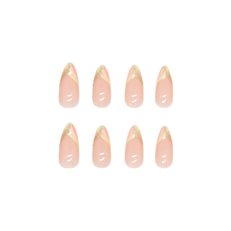 Press on Nails, Apricot-shaped warm color gold powder striped nail